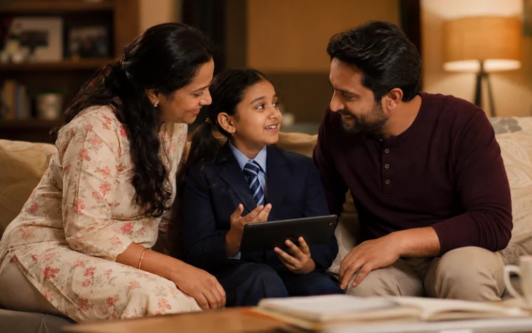 mother, father and child in uniform