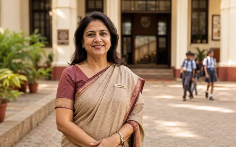 principal in front of school building
